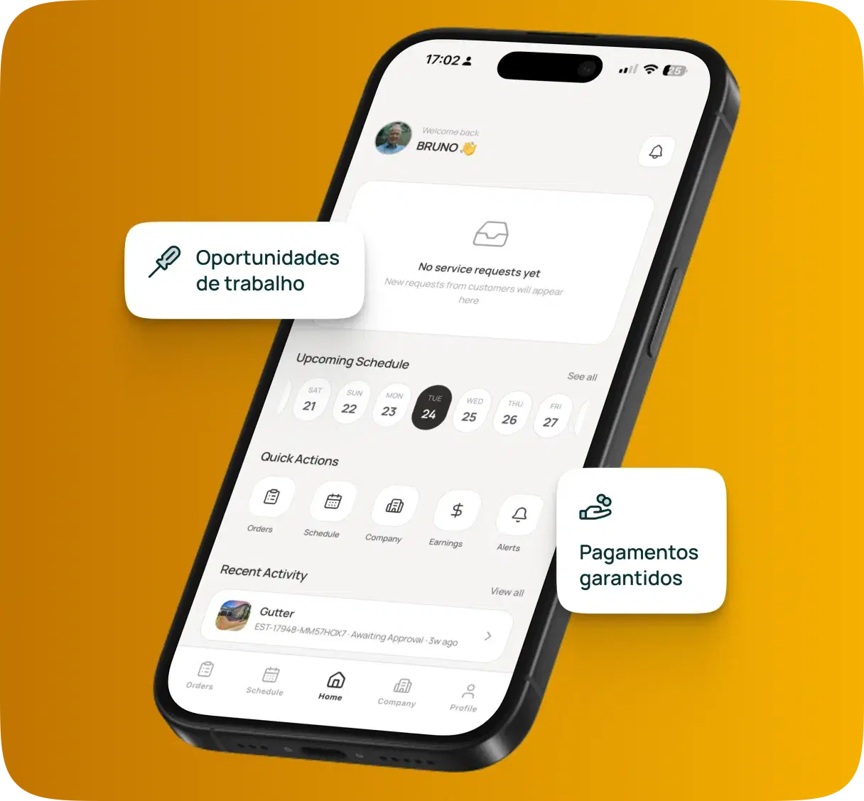 Celular exibindo o app Houser para Prestadores, com destaques para oportunidades de trabalho e pagamentos garantidos