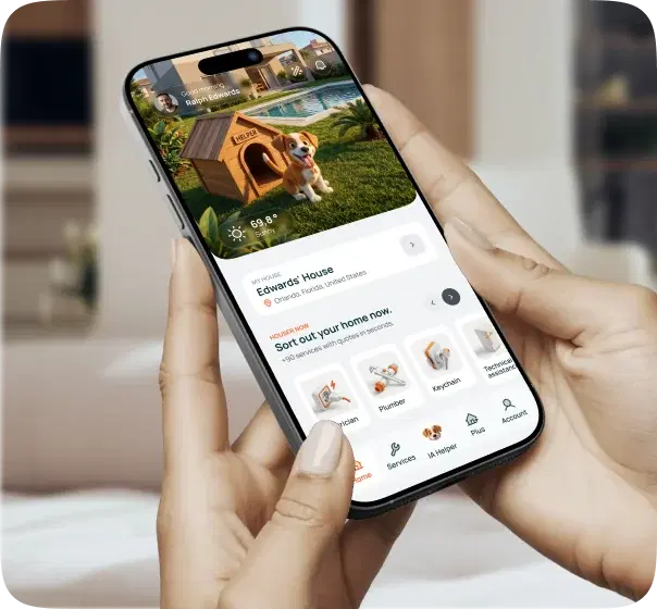 Hands holding a phone with the Houser app open, showing the home screen with the mascot in the garden