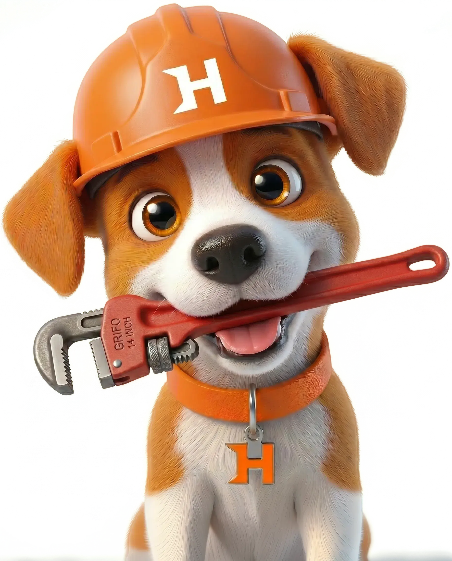 Mascote da Houser — um cãozinho com capacete de obra segurando uma chave de grifo