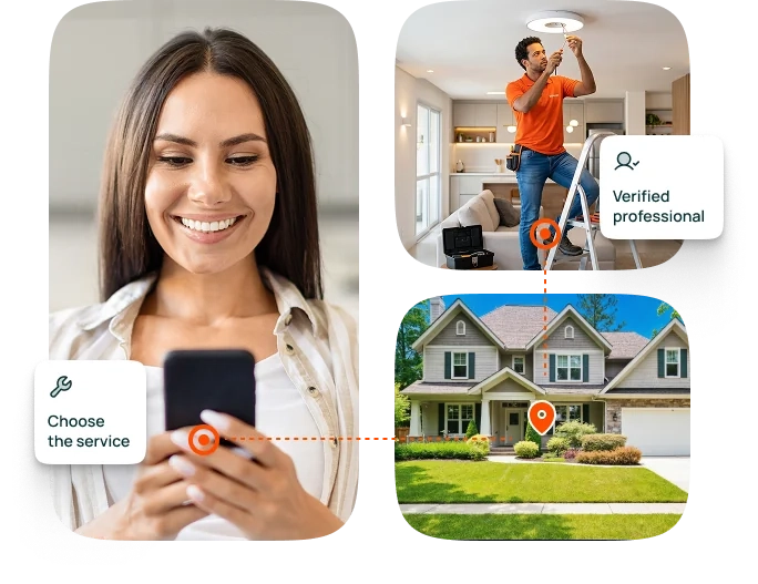 The Houser process: a woman on the phone, a verified professional at work and a satellite view of the property